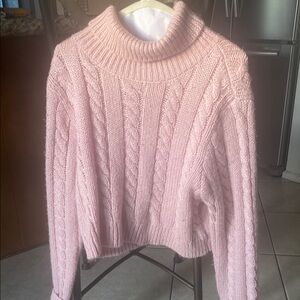 Cozy Pink Cowl Neck Cable Knit Sweater
